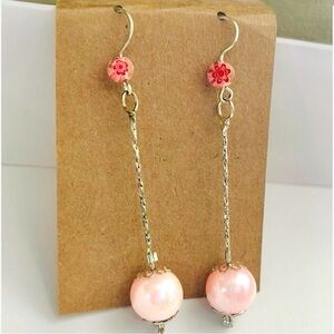 Vintage Pink Faux Pearl Millefiori Dangle Earrings Silver Tone Boho Jewelry